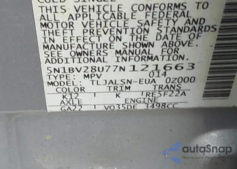 2007 Nissan Quest 3.5 S z USA, uszkodzony, nr VIN 5N1BV28U77N121663